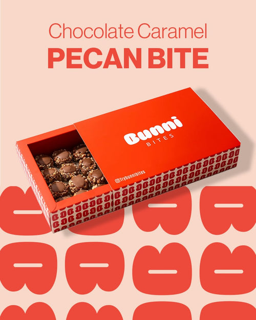 Box of Dunni Bites Chocolate Caramel Pecan Bite on a light pink background with red text and logo.